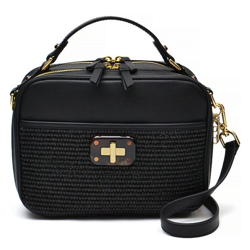 LDT Jill Vintage Black Straw and Leather Panel Lunch Box Crossbody Bag